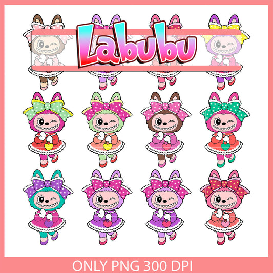 Labubu bow dress outfits design bundle png, labubu the monster png