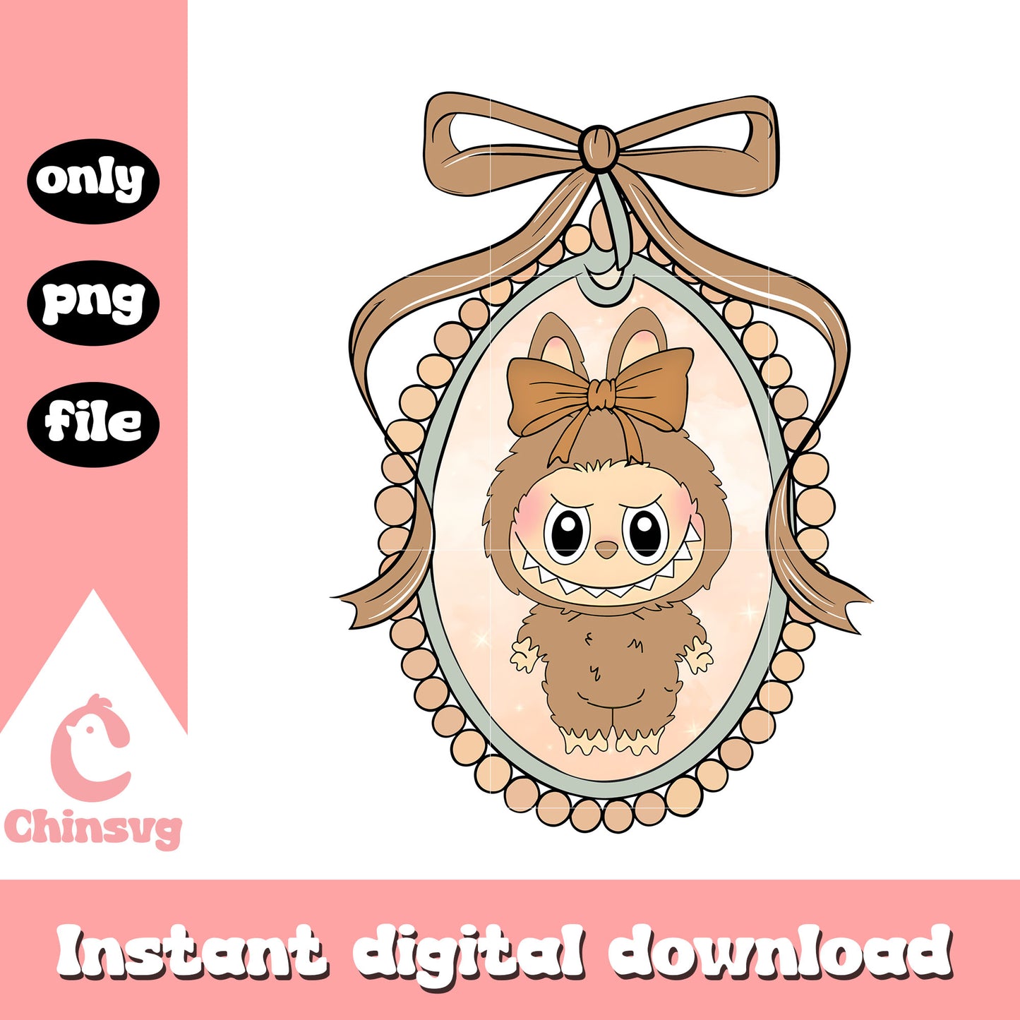 Labubu brown bow mirror design png, labubu clothes brown png