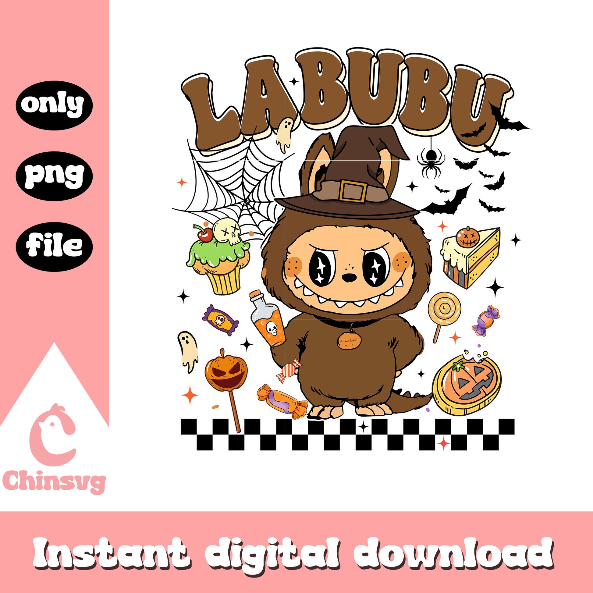 Labubu brown witch halloween design png, labubu halloween png
