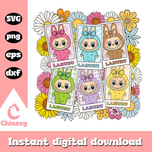 Labubu character collection crad floral drawing svg, labubu art svg