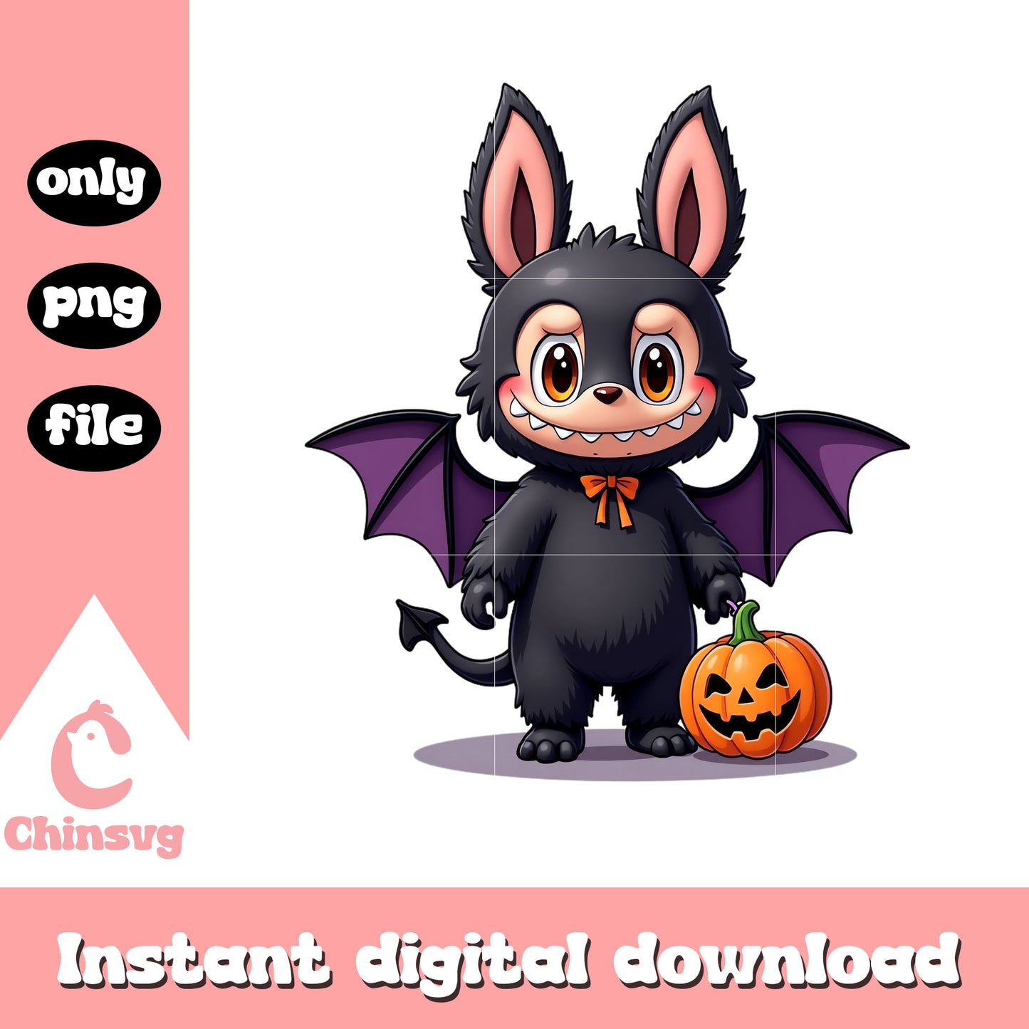 Labubu cute bat pumpkin halloween doll art png, bat halloween png