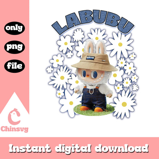 Labubu denim daisy drawing design png, labubu doll png