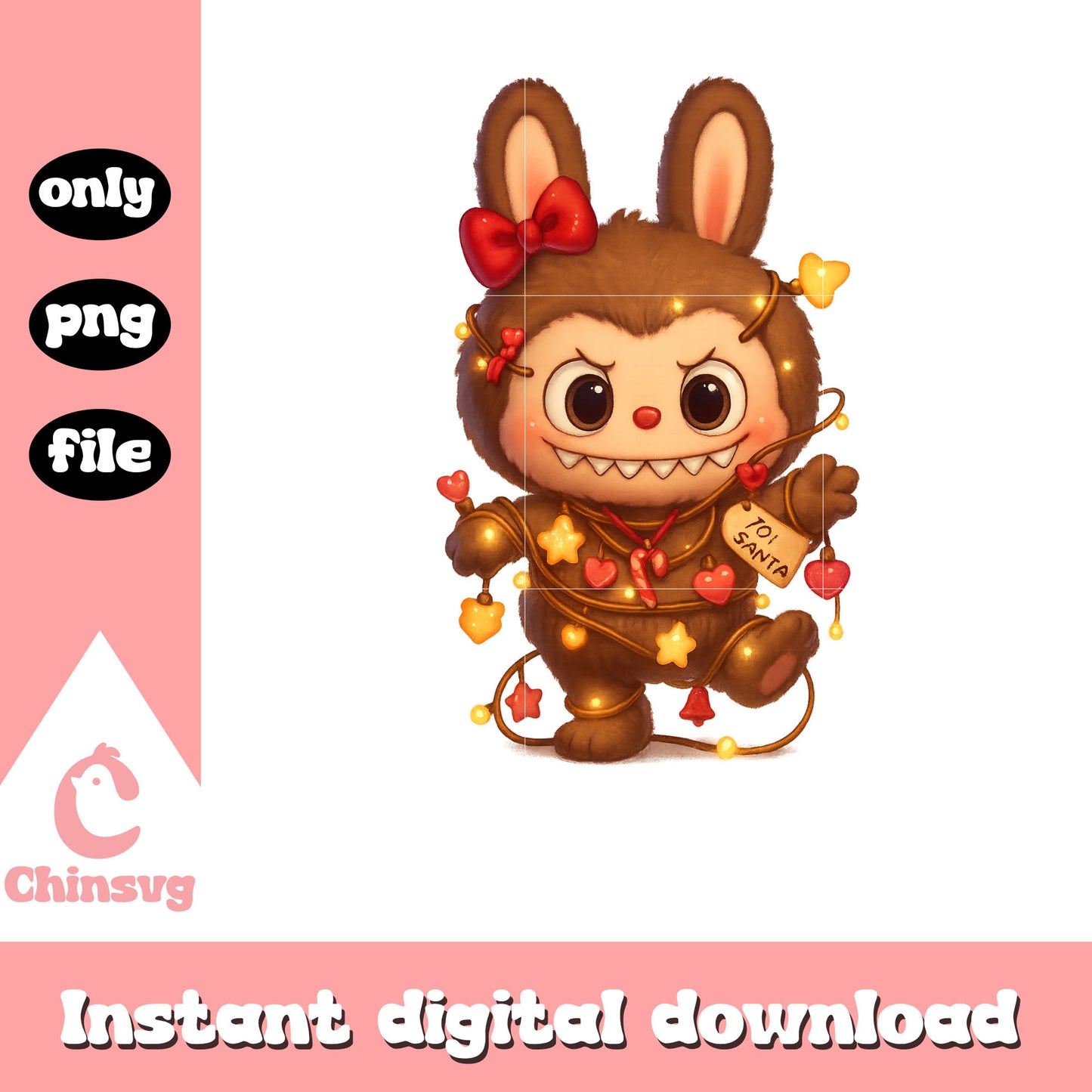 Labubu doll christmas vibes png, christmas lights png