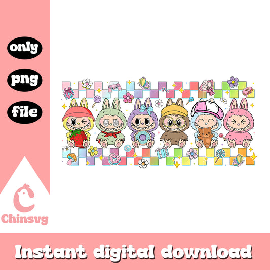 Labubu doll costumes collage design png, costume labubu png