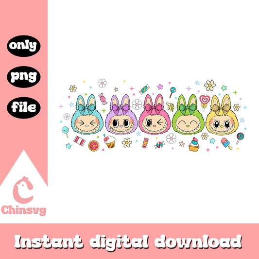 Labubu doll face coquette bow design png, labubu the monsters png