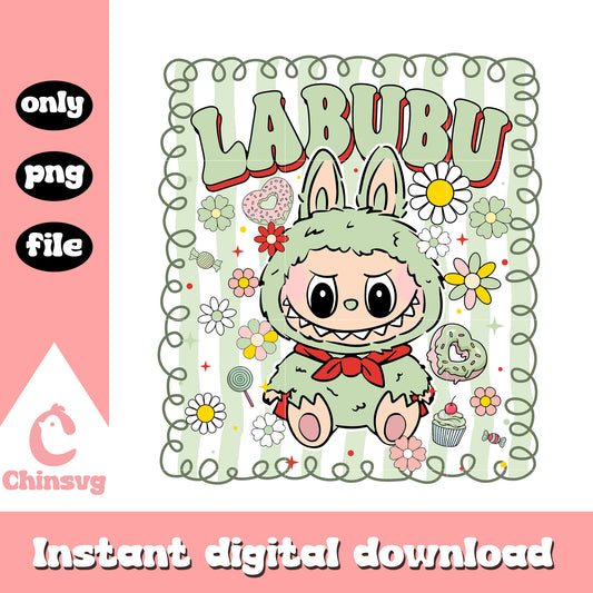 Labubu doll green sweet frame design png, labubu clipart png