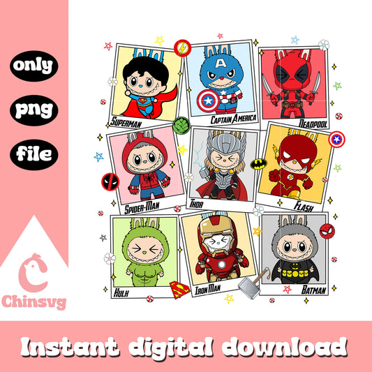Labubu doll heroes costumes cards design png, labubu png
