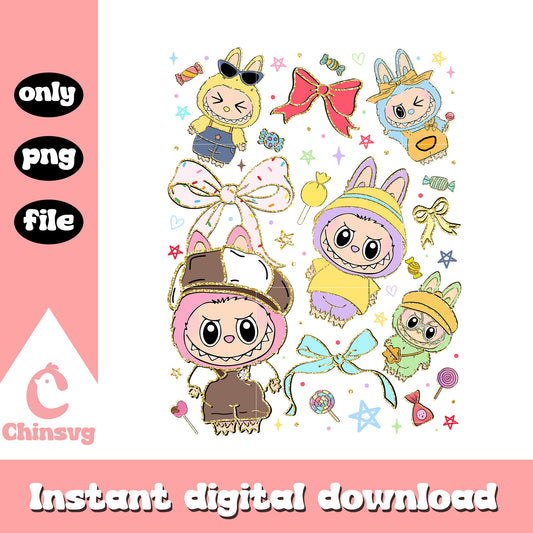 Labubu dolls bow emotions costumes design png, labubu drawing png