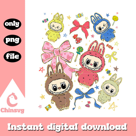 Labubu dolls coquette bow design png, all labubu colors png