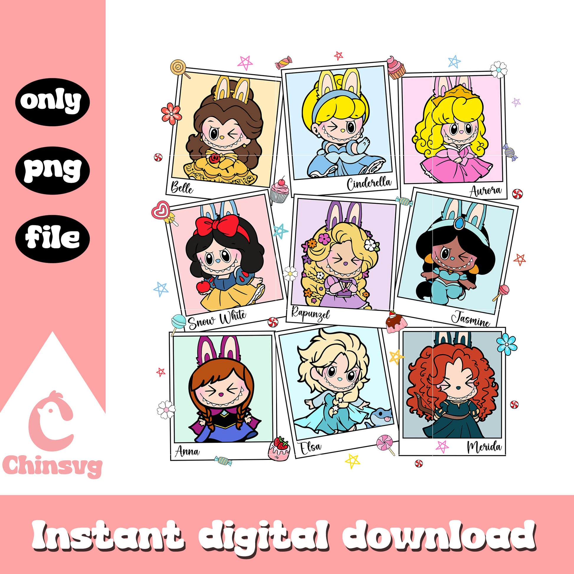 Labubu dolls princess disney collage png, disney princess cartoon png
