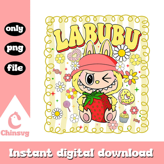 Labubu doll strawberry floral frame design png, labubu png