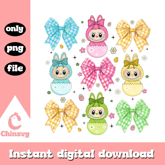 Labubu eggs coquette ribbon costumes design png, labubu clothing png