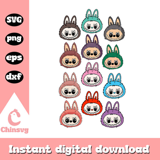 Labubu faces cute doll drawing design svg, all labubu colors svg