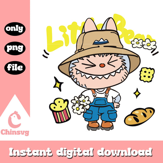 Labubu farmer boy clothes design png, labubu cartoon png