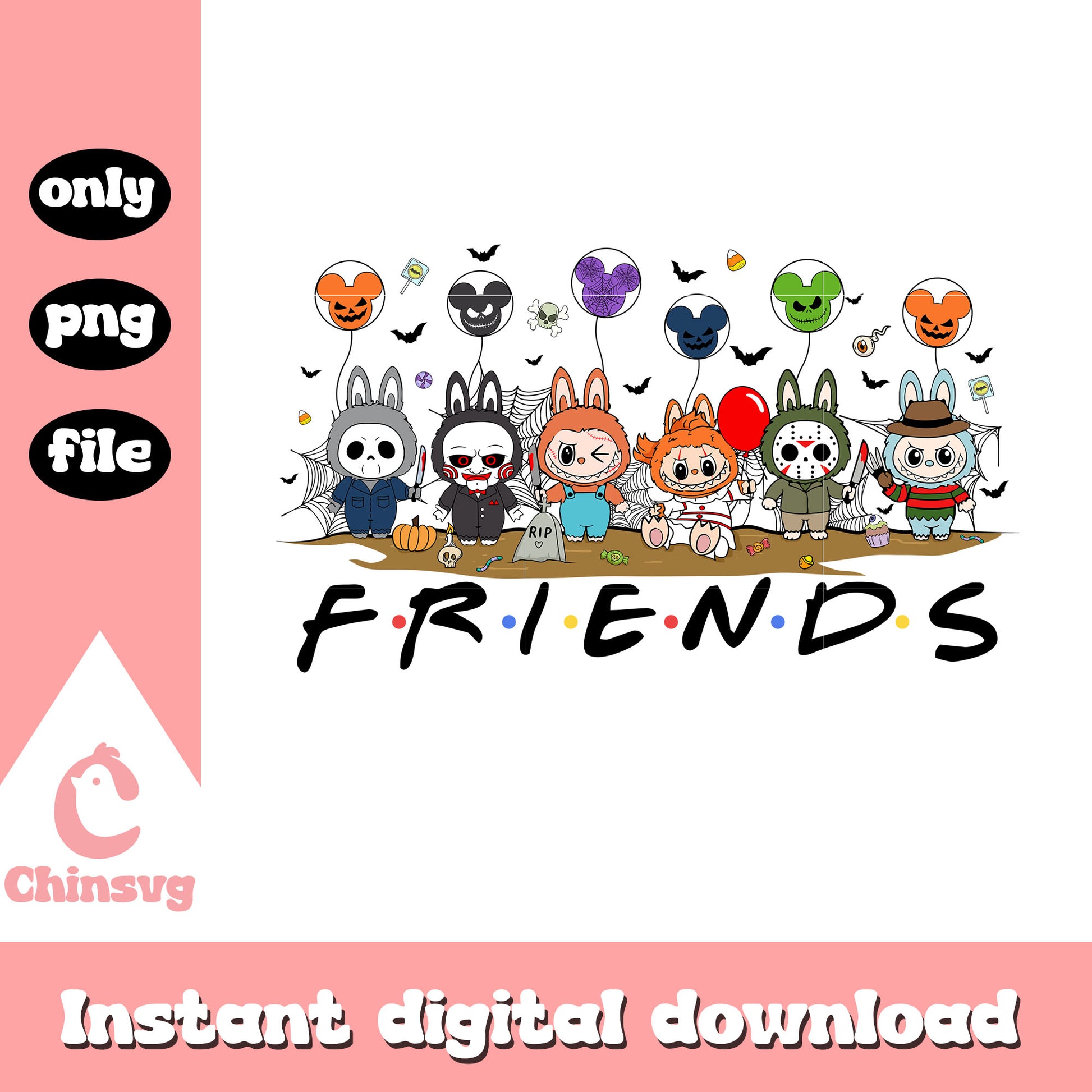 Labubu friends halloween png, horror movies characters png