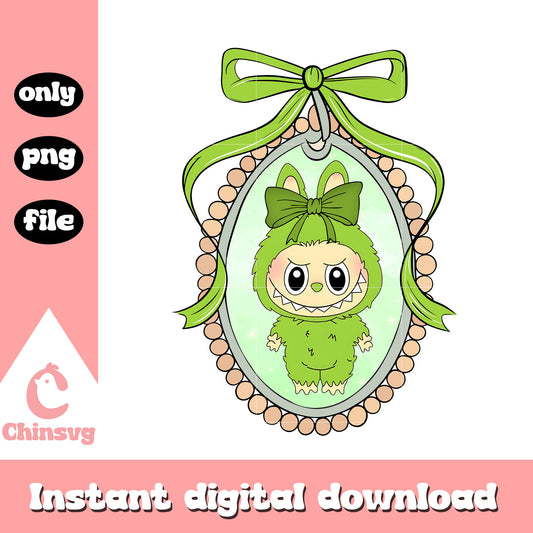 Labubu green bow mirror design png, labubu drawing green png