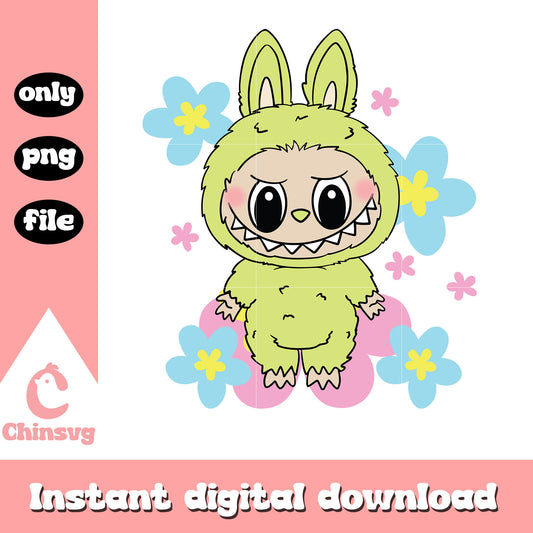Labubu green floral drawing design png, labubu pop mart png