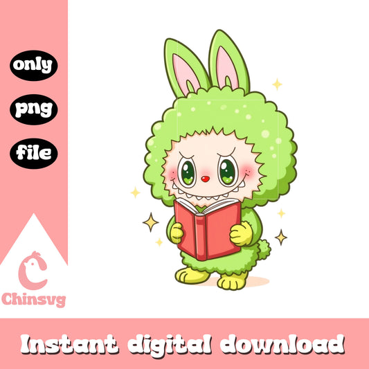 Labubu green holding book design png, labubu doll png, green labubu png