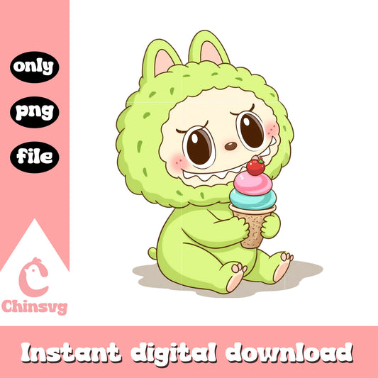 Labubu green holding ice cream design png, labubu art png