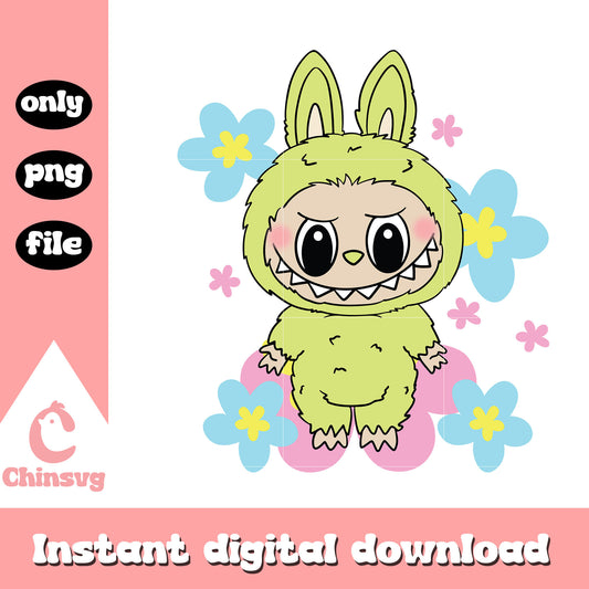 Labubu green suit with flowers design png, labubu dolls png