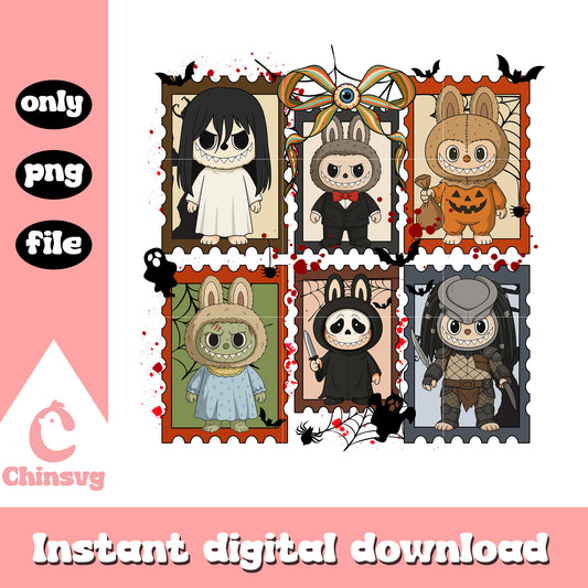 Labubu halloween characters costumes design png, horror characters png