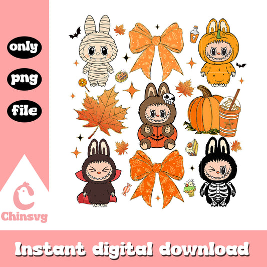 Labubu halloween coquette bow design png, labubu costume png