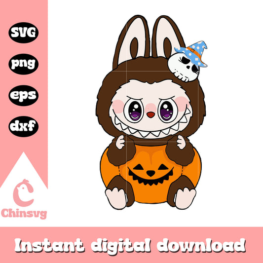 Labubu halloween cute doll drawing svg, pumpkin halloween svg
