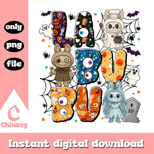 Labubu halloween font design png, halloween vibes png, labubu png