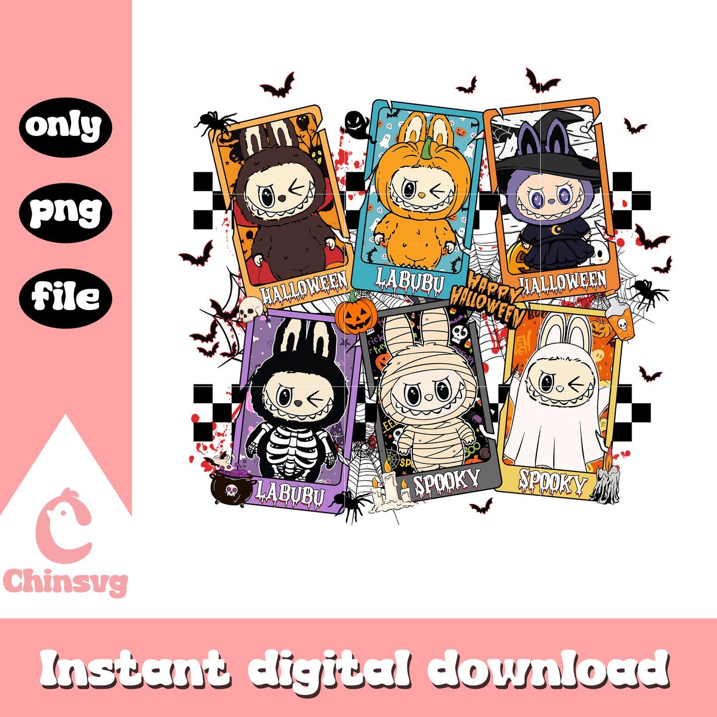 Labubu halloween spooky characters card png, halloween decor png 