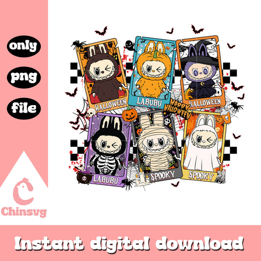 Labubu halloween spooky characters card png, halloween decor png 