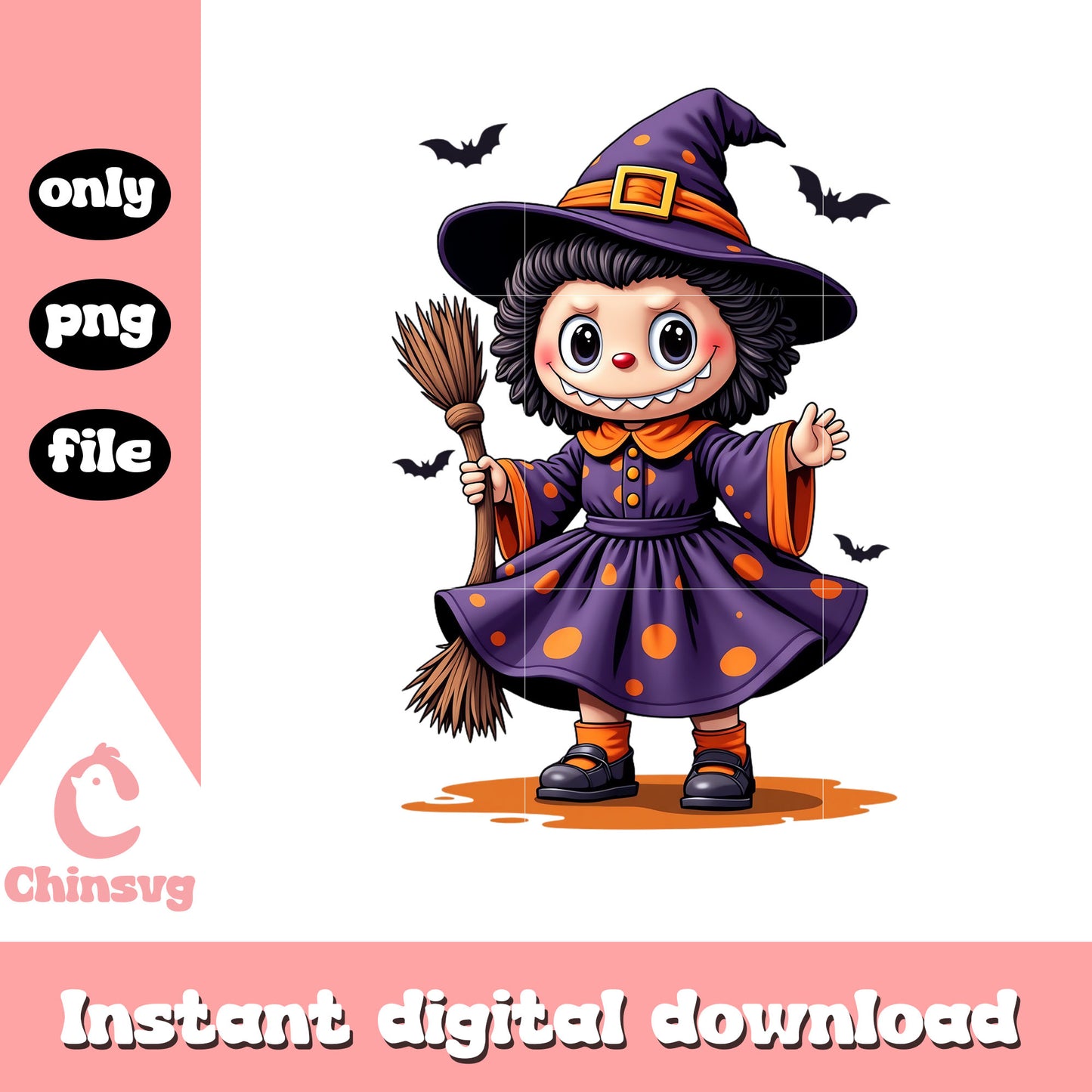 Labubu halloween witch cartoon design png, halloween png, witch png