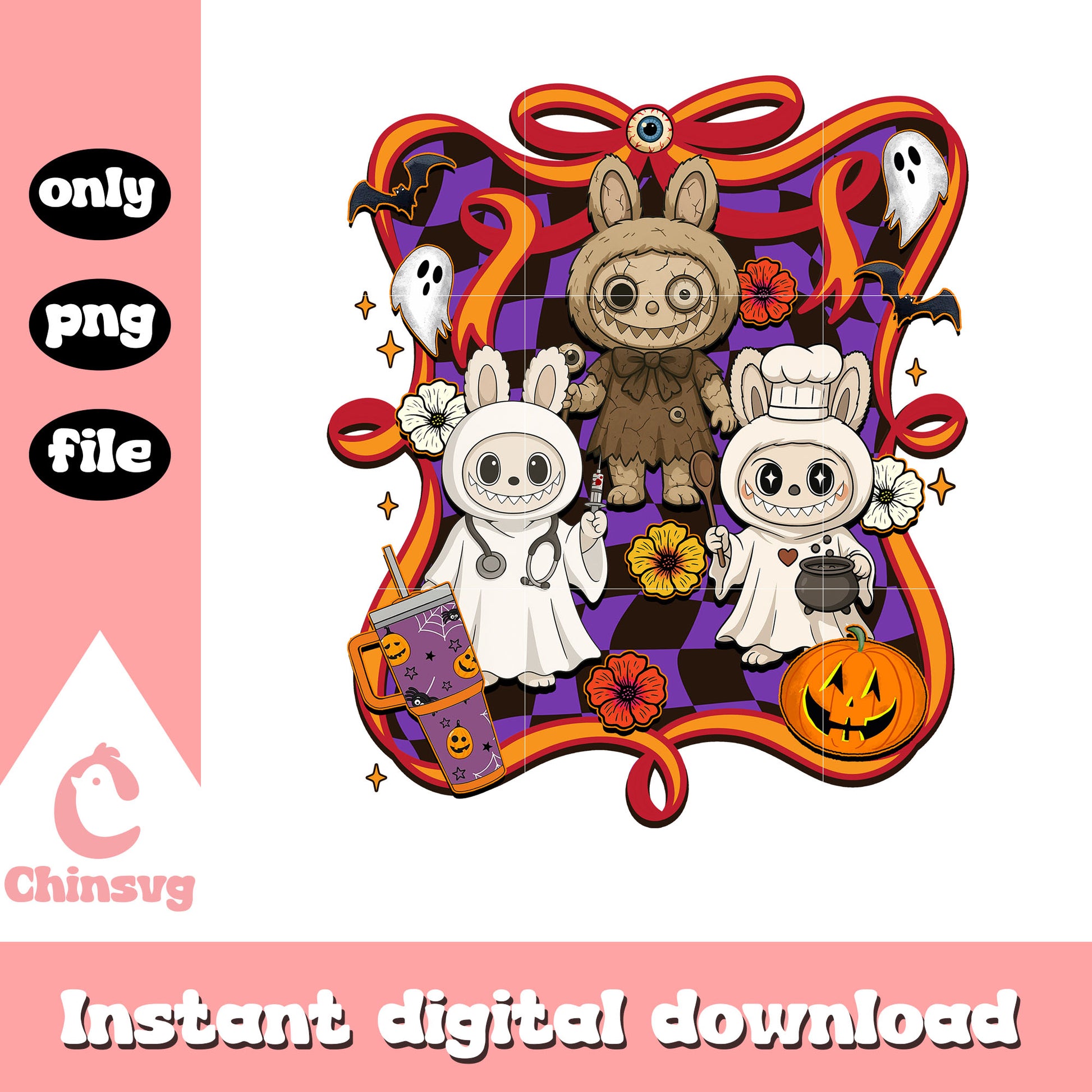 Labubu happy halloween bow png, halloween decorations png