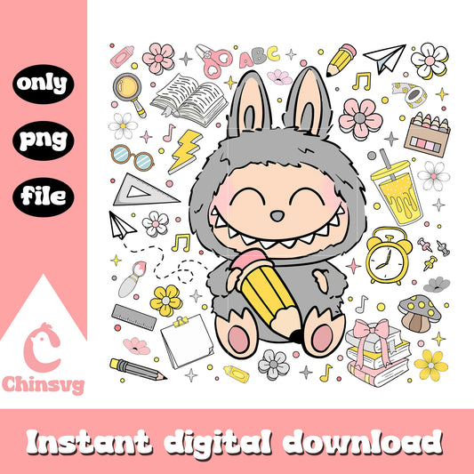 Labubu happy student back to school design png, labubu clipart png