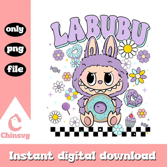 Labubu holding donut floral design png, labubu clothes png