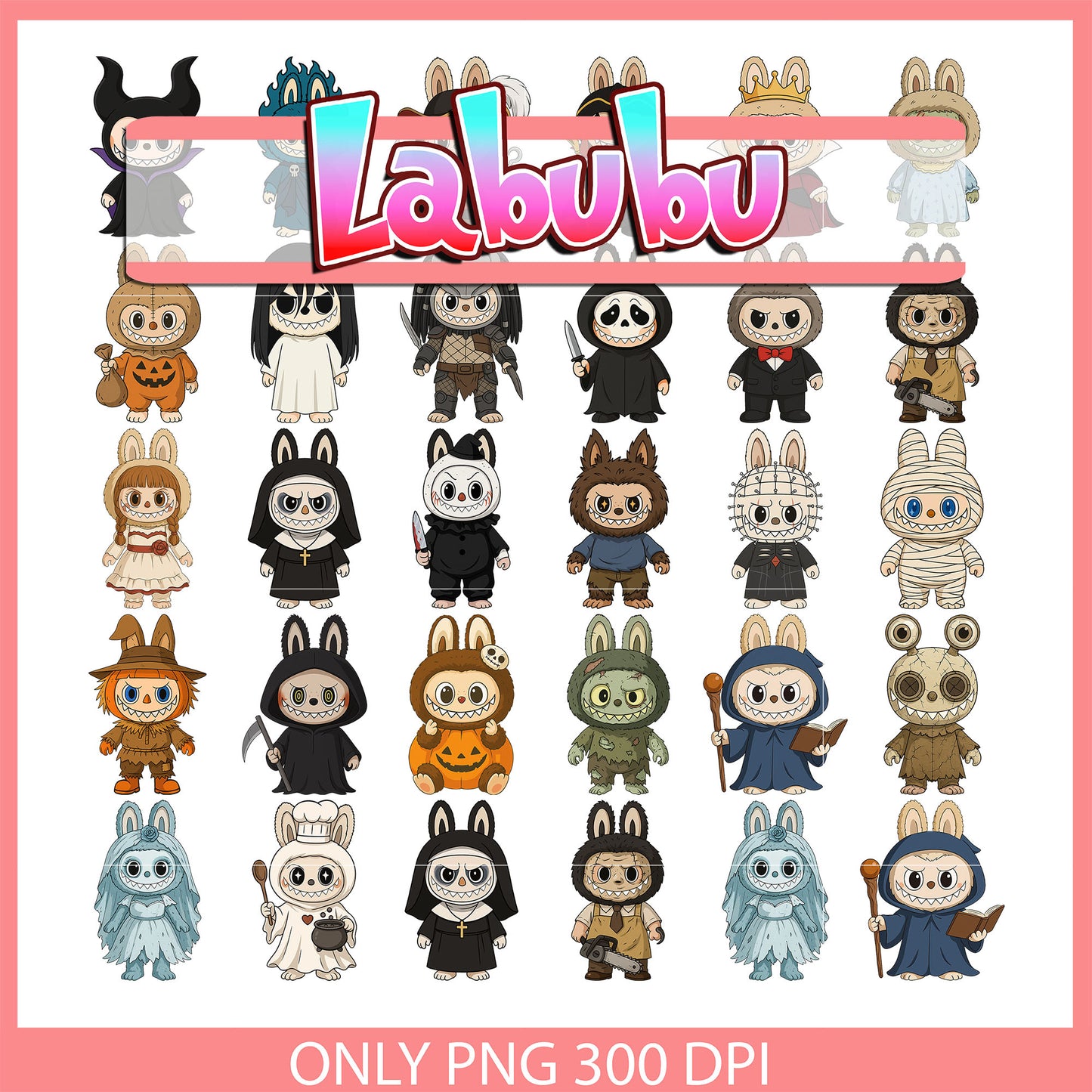 Labubu horror characters cosplay clipart bundle png, labubu png