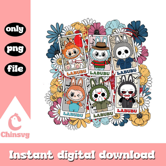 Labubu horror characters floral cards design png, labubu toy png