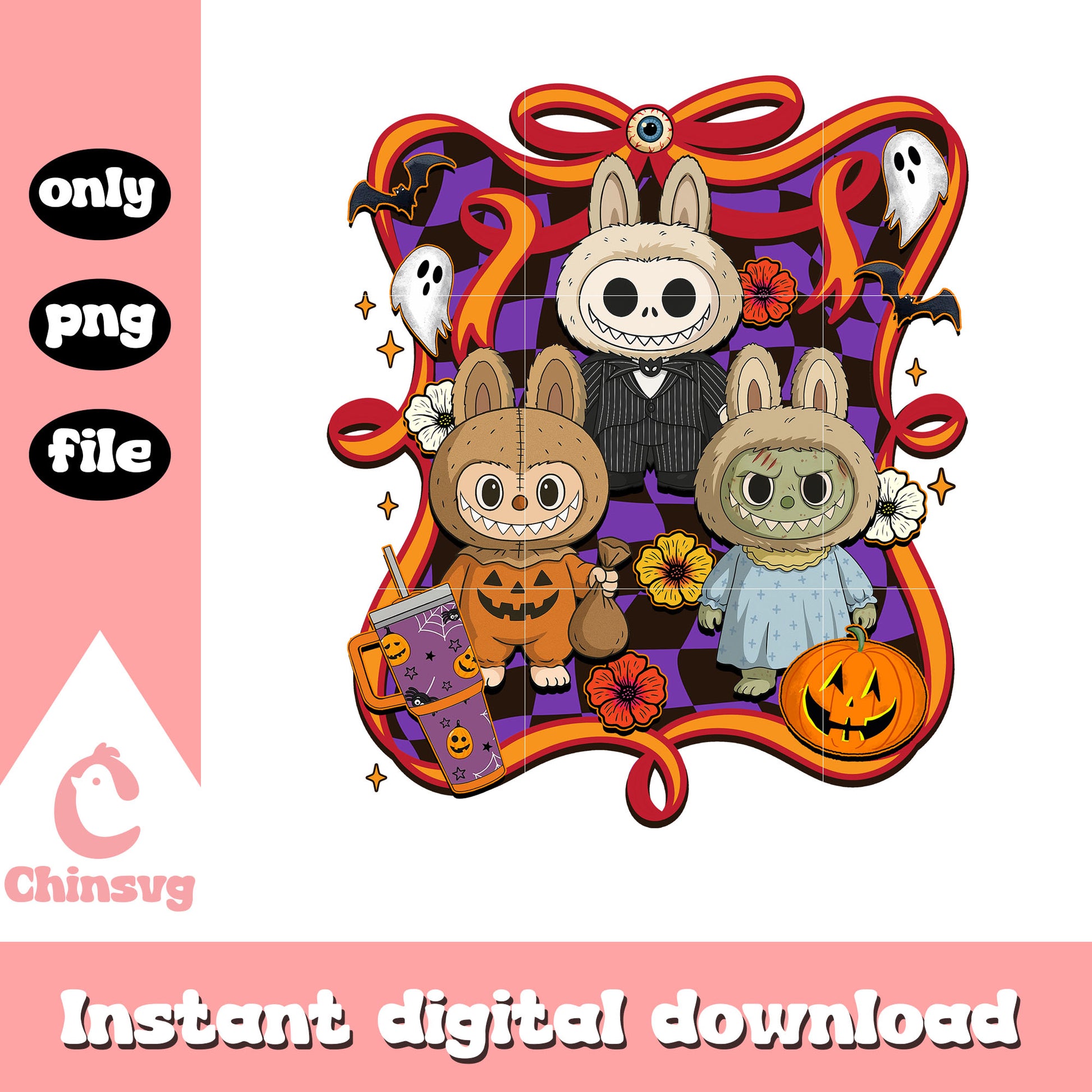 Labubu horror characters halloween bow png, halloween decorations png