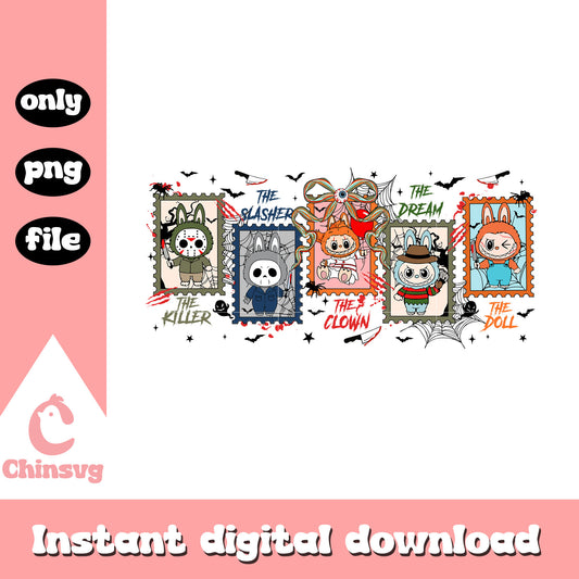 Labubu horror characters halloween frame design png, horror movies png