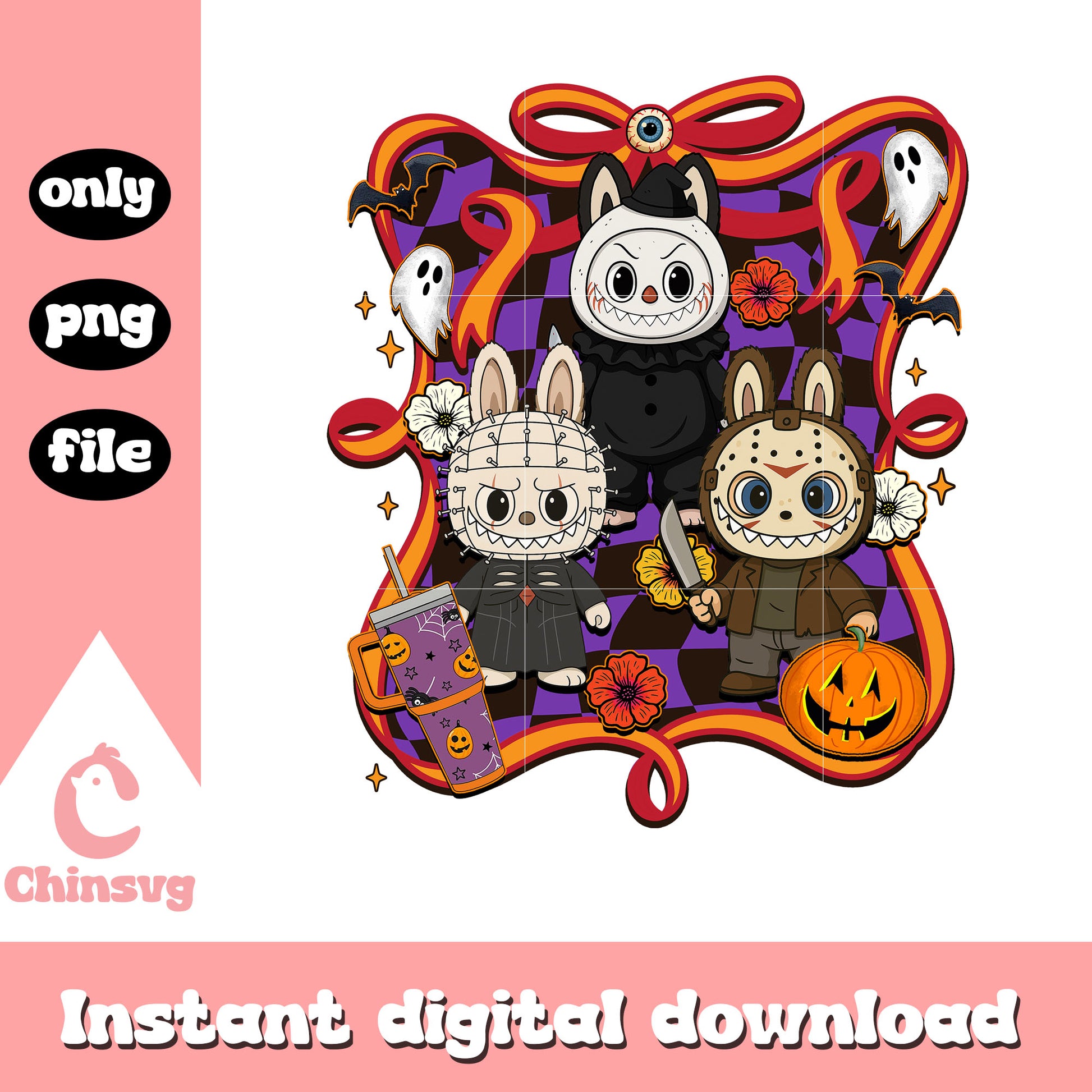 Labubu horror dolls happy halloween bow png, halloween movies png