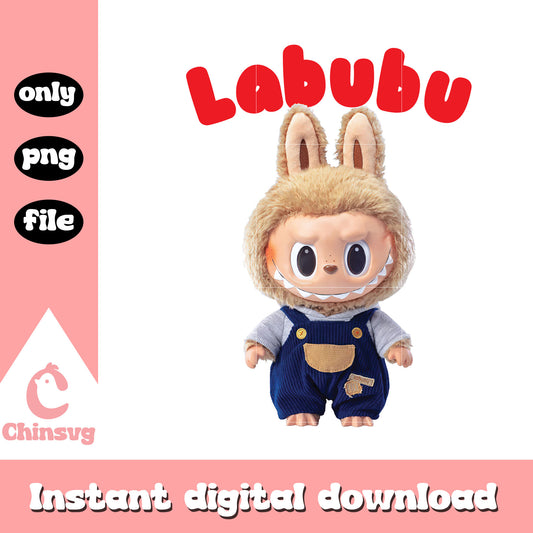 Labubu in blue overalls cute doll design png, clipart labubu png