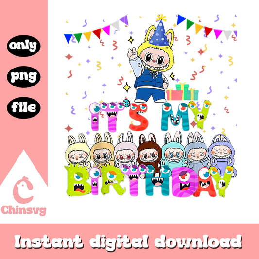 Labubu it's my birthday boy design png, birthday party png