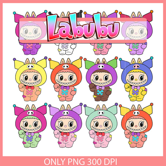Labubu kuromi outfits design bundle png, kuromi sanri png