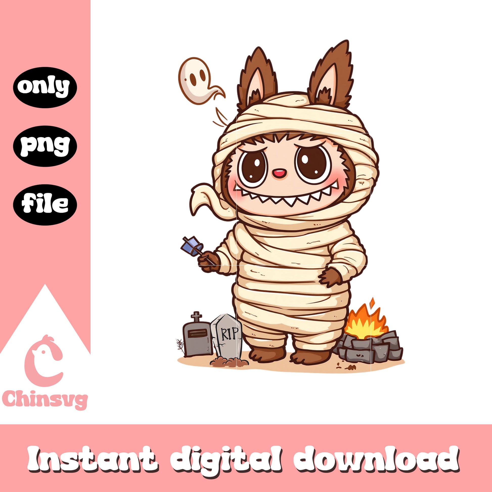 Labubu monster mummy halloween clipart png, mummy halloween png
