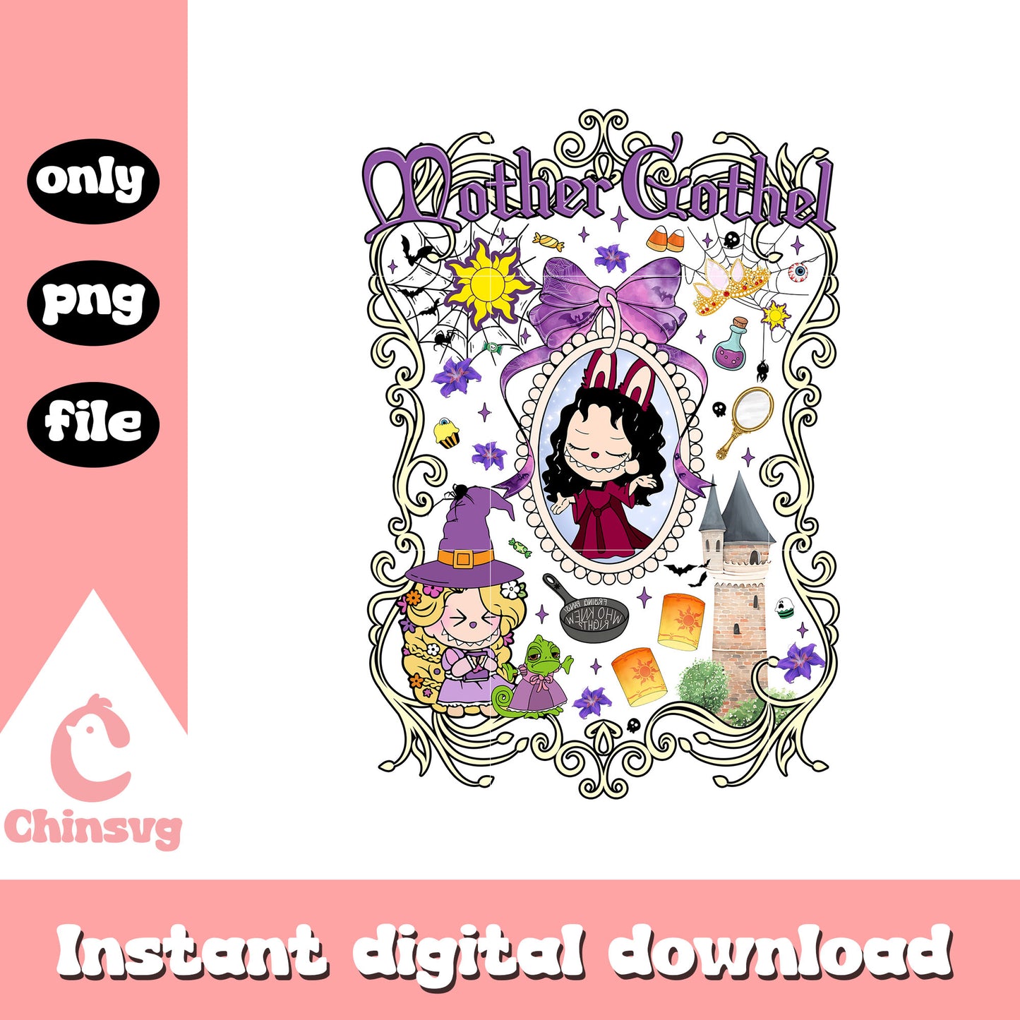 Labubu mother gothel coquette bow mirror design png, labubu art png