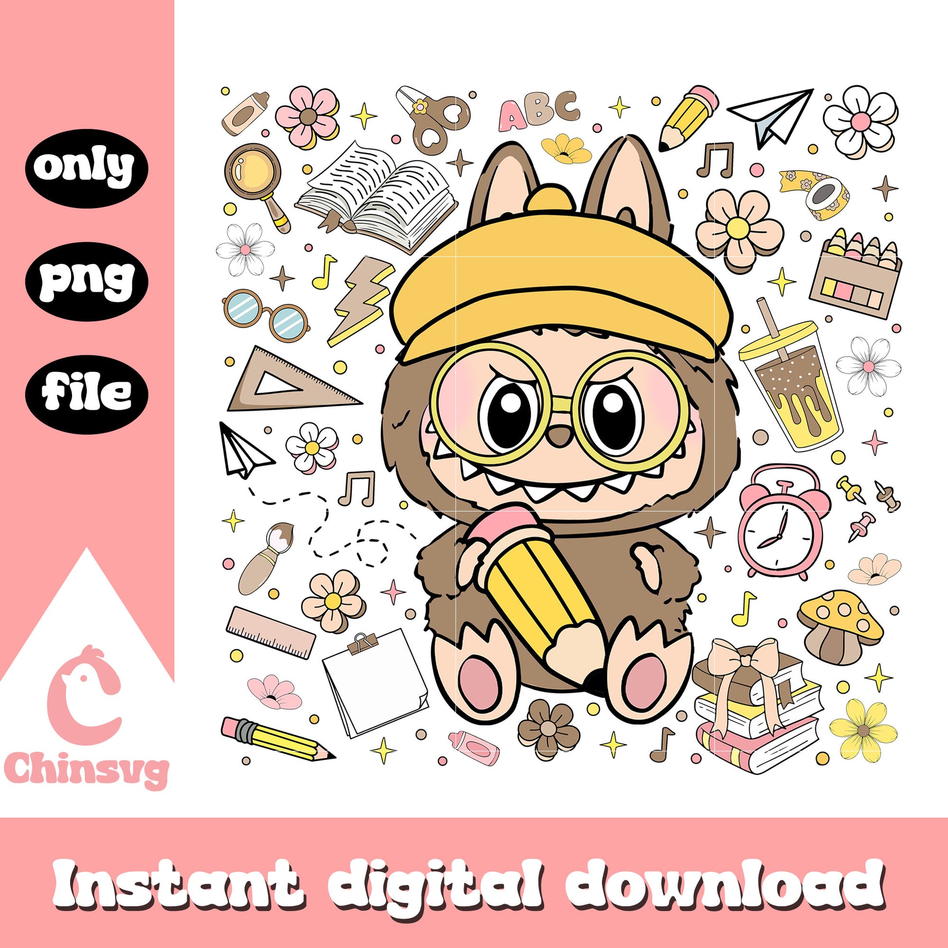 Labubu nerdy student back to school design png, clipart labubu png