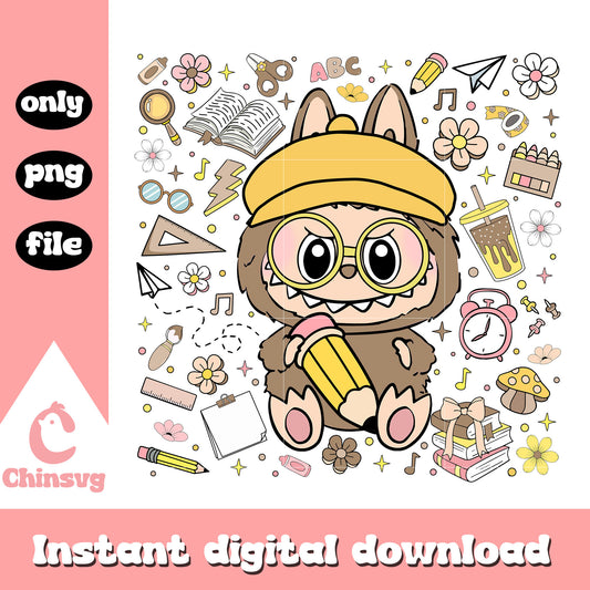 Labubu nerdy student back to school design png, clipart labubu png