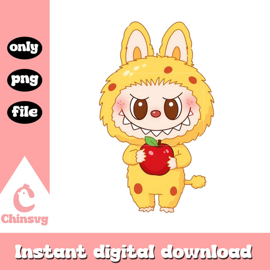 Labubu orange hand apple design png, labubu cartoon png
