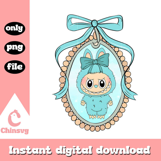 Labubu patel blue bow mirror design png, blue labubu doll png