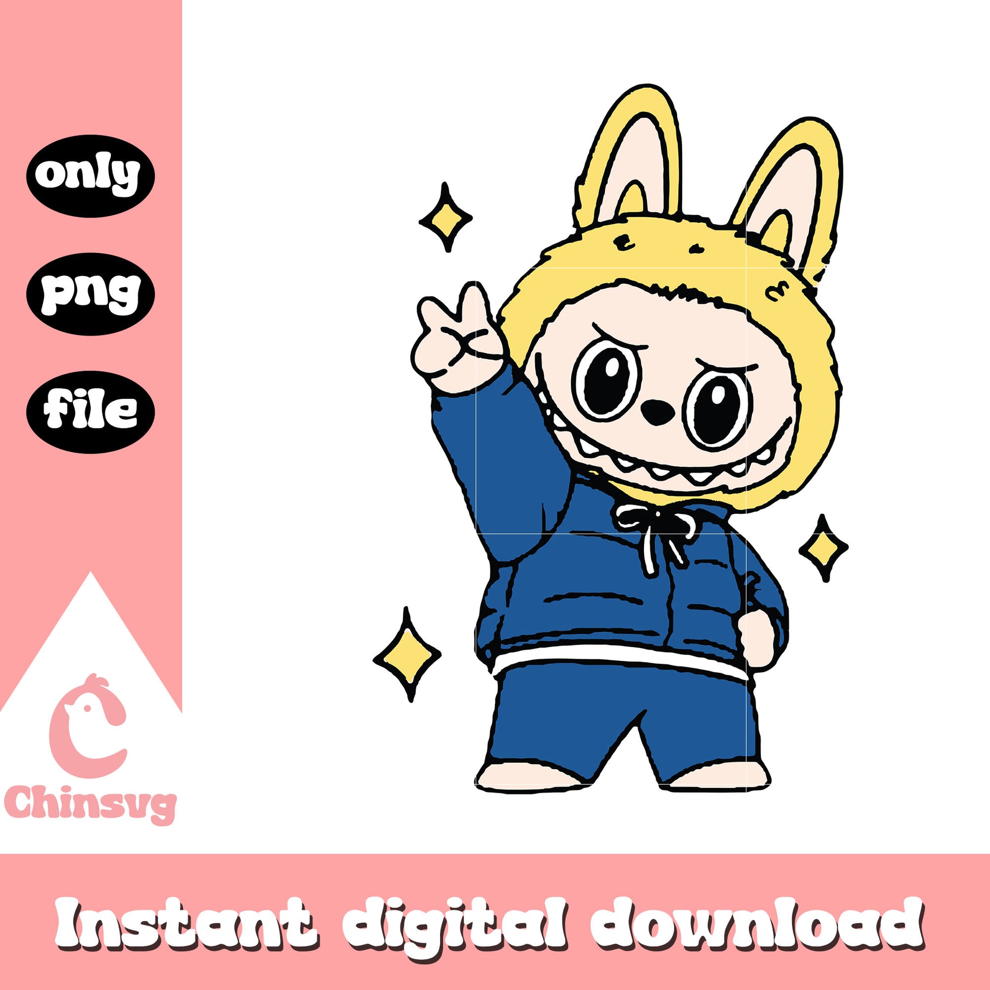 Labubu peace sign clipart design png, labubu cartoon png