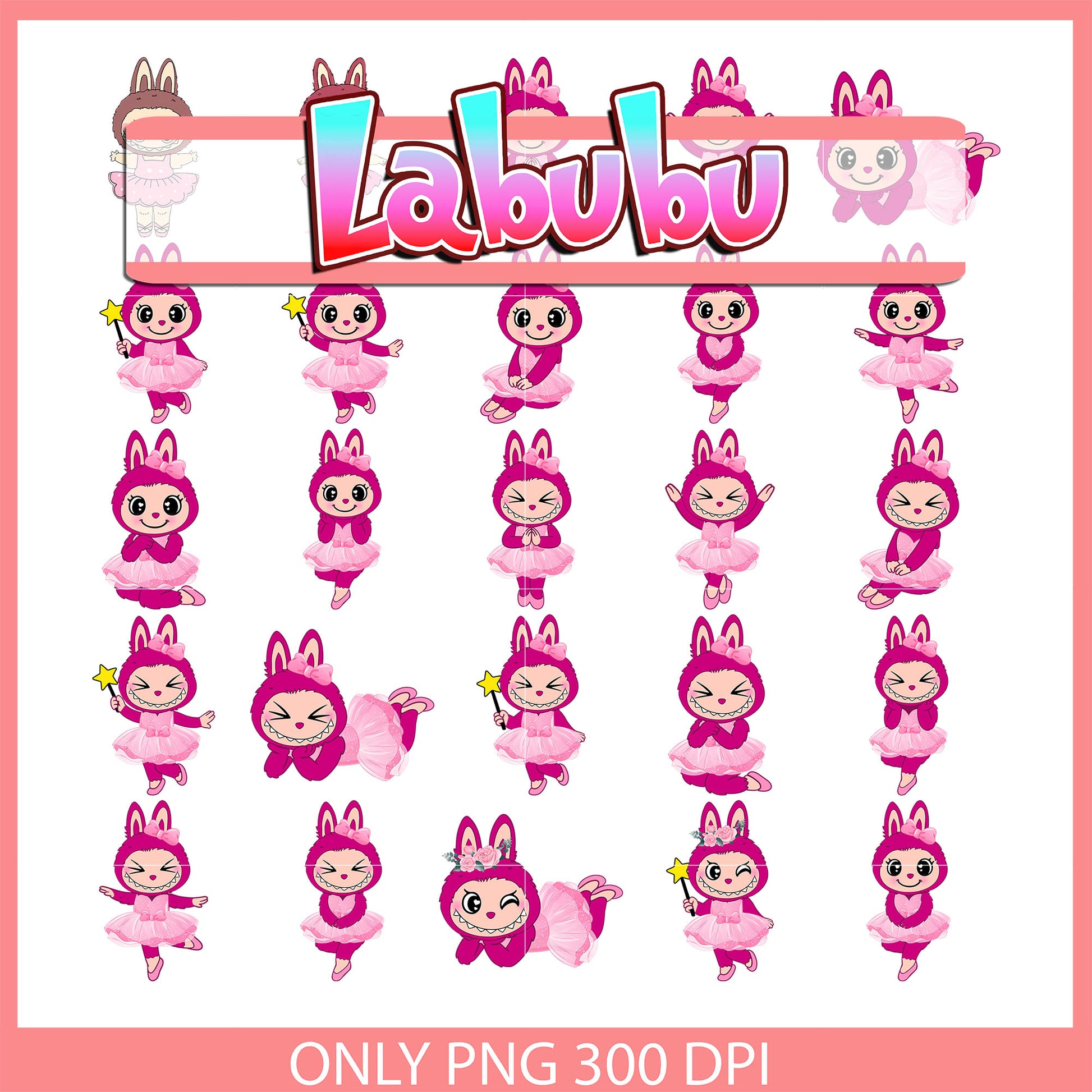 Labubu pink ballet clipart bundle png, monster labubu png